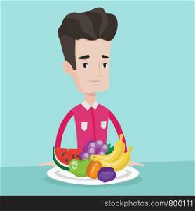 Young friendly man standing in front of table full of fresh fruits. Smiling man with plate full of fruits. Concept of healthy nutrition and dieting. Vector flat design illustration. Square layout.. Man with fresh fruits vector illustration.
