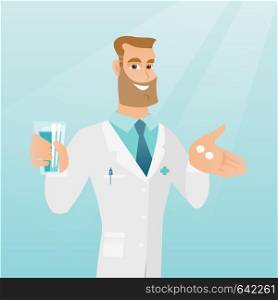 Young friendly pharmacist holding a glass of water and pills in hands. Smiling pharmacist in medical gown giving medication. Concept of health care. Vector flat design illustration. Square layout.. Pharmacist giving pills and a glass of water.