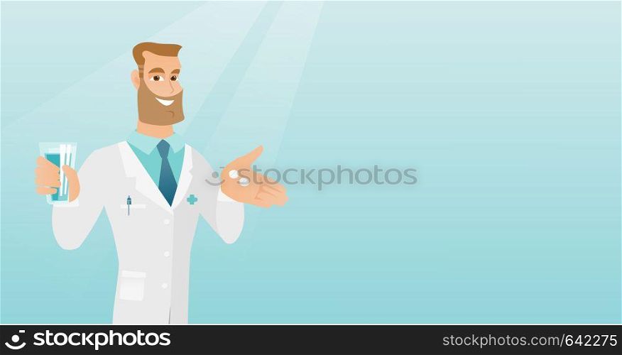 Young friendly pharmacist holding a glass of water and pills in hands. Smiling pharmacist in medical gown giving medication. Concept of health care. Vector flat design illustration. Horizontal layout.. Pharmacist giving pills and a glass of water.