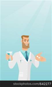 Young friendly pharmacist holding a glass of water and pills in hands. Smiling pharmacist in medical gown giving medication. Concept of health care. Vector flat design illustration. Vertical layout.. Pharmacist giving pills and a glass of water.