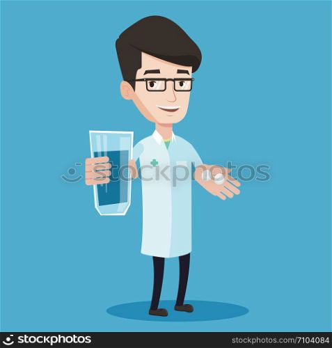 Young friendly pharmacist holding in hands a glass of water and pills. Smiling pharmacist in medical gown giving medication. Concept of health care. Vector flat design illustration. Square layout.. Pharmacist giving pills and glass of water.