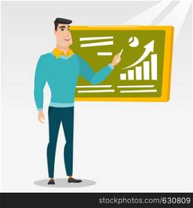 Young friendly teacher standing in classroom. Teacher standing in front of the blackboard with a piece of chalk in hand. Teacher writing on a chalkboard. Vector flat design illustration. Square layout. Teacher writing on a chalkboard.