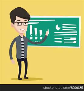 Young friendly teacher standing in classroom. Teacher standing in front of the blackboard with a piece of chalk in hand. Teacher writing on a chalkboard. Vector flat design illustration. Square layout. Man writing on a chalkboard vector illustration.