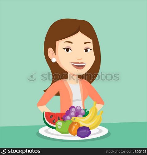 Young friendly woman standing in front of table with fresh fruits. Smiling woman with plate full of fruits. Caucasian woman eating fresh healthy fruits. Vector flat design illustration. Square layout.. Woman with fresh fruits vector illustration.