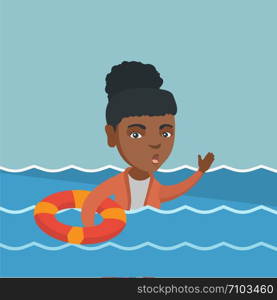 Young frightened business woman sinking and asking for help. Afraid african sinking business woman floating with lifebuoy. Concept of failure in business. Vector cartoon illustration. Square layout.. Young business woman sinking and asking for help.