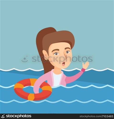 Young frightened business woman sinking and asking for help. Afraid caucasian sinking business woman floating with lifebuoy. Concept of failure in business. Vector cartoon illustration. Square layout.. Young business woman sinking and asking for help.