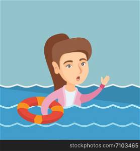 Young frightened business woman sinking and asking for help. Afraid caucasian sinking business woman floating with lifebuoy. Concept of failure in business. Vector cartoon illustration. Square layout.. Young business woman sinking and asking for help.