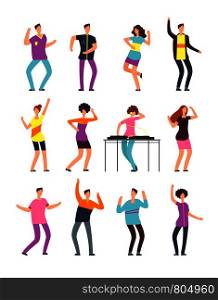 Young funny men and women dancing at summer party. Friendly people in vacation. Vector cartoon characters isolated. Female and male party celebration and dance illustration. Young funny men and women dancing at summer party. Friendly people in vacation. Vector cartoon characters isolated