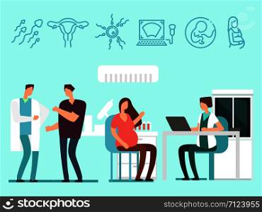 Young future parents have visit to doctors. Pregnant woman and her husband in gynecology. Vector illustration. Parents have visit to doctors. Pregnant woman and husband