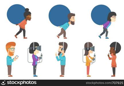 Young gamer wearing virtual reality headset and gamer gloves. Gamer using virtual reality glasses and playing virtual video game. Set of vector flat design illustrations isolated on white background.. Vector set of businessmen and people in vr headset