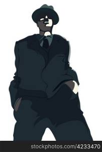 Young gangster in suit and hat. Vector illustration.