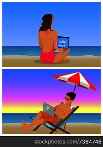 Young girl and guy at beach do distant work set. People in swimwear with modern laptops sit on sand under umbrella cartoon flat vector illustrations.. Young Girl and Guy at Beach do Distant Work Set