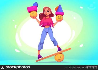 Young girl balancing on wooden board with happy and sad emotion balls in hands. Woman with bipolar disease, mood and feelings change, human psychology, mental health, expression, Cartoon illustration. Young girl balancing with happy and sad emotions