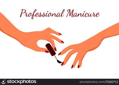 Young girl hands doing manicure with red nail polish. Beauty, body care and nail salon vector concept. Illustration of young woman hand, care and makeup. Young girl hands doing manicure with red nail polish. Beauty, body care and nail salon vector concept