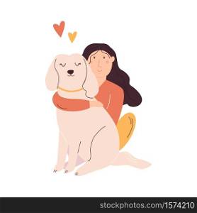 Young girl hugging her dog. Love your pet concept. Vector illustration.. Young girl hugging her dog. Love your pet concept