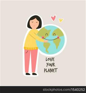 Young girl hugging smiling Earth planet. Love you planet concept. Eco friendly, cute illustration.. Young girl hugging smiling Earth planet. Love you planet concept