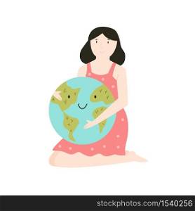 Young girl hugging smiling Earth planet. Love you planet concept. Eco friendly, cute illustration.. Young girl hugging smiling Earth planet. Love you planet concept