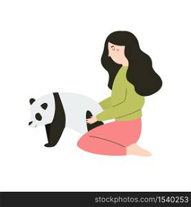Young girl hugging smiling Earth planet. Love you planet concept. Nature conservation. Cute Vector illustration. Young girl hugging panda. Friendhip between people and animals.