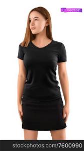 Young girl in a black t-shirt. 3d realistic vector illustration