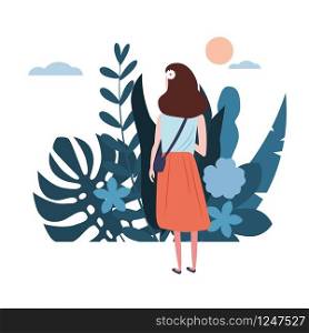 Young girl in a blue T-shirt goes about his business. Background flora flowers floral leaves. Young girl in a blue T-shirt goes about his business. Background flora flowers floral leaves. Trend design flat cartoons. Colorful vector illustration isolated