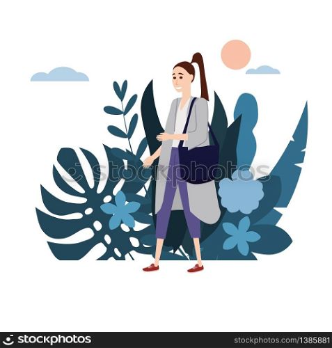 Young girl in a gray coat goes about his business. Background flora flowers floral leaves. Young girl in a gray coat goes about his business. Background flora flowers floral leaves. Trend design flat cartoons. Colorful vector illustration isolated