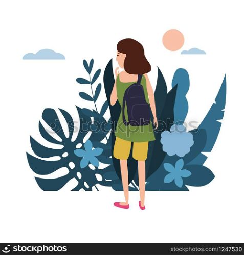 Young girl in a green T-shirt with a backpack goes about his business. Young girl in a green T-shirt with a backpack goes about his business. Background flora flowers floral leaves. Trend design flat cartoons. Colorful vector illustration isolated