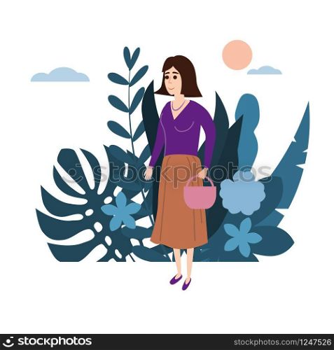 Young girl in a lilac sweater goes with a basket about his business. Background flora flowers floral leaves. Young girl in a lilac sweater with a basket goes about his business. Background flora flowers floral leaves. Trend design flat cartoons. Colorful vector illustration isolated