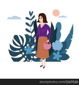 Young girl in a lilac sweater goes with a basket about his business. Background flora flowers floral leaves. Young girl in a lilac sweater with a basket goes about his business. Background flora flowers floral leaves. Trend design flat cartoons. Colorful vector illustration isolated