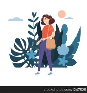 Young girl in a red T-shirt with bag goes about his business. Background flora flowers floral leaves. Young girl in a red T-shirt with bag goes about his business. Background flora flowers floral leaves. Trend design flat cartoons. Colorful vector illustration isolated