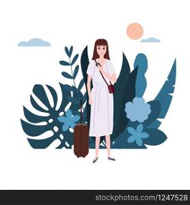 Young girl in a white dress with a suitcase goes about his business. Background flora flowers floral leaves. Young girl in a white dress with a suitcase goes about his business. Background flora flowers floral leaves. Trend design flat cartoons. Colorful vector illustration isolated