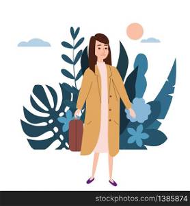 Young girl in a yellow coat goes about his business. Background flora flowers floral leaves. Young girl in a yellow coat goes about his business. Background flora flowers floral leaves. Trend design flat cartoons. Colorful vector illustration isolated