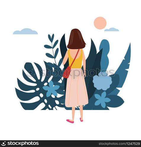 Young girl in a yellow T-shirt goes about his business. Background flora flowers floral leaves. Young girl in a yellow T-shirt goes about his business. Background flora flowers floral leaves. Trend design flat cartoons. Colorful vector illustration isolated