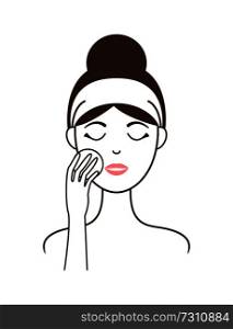 Young girl in headband cleans her face skin with round soft cotton pad isolated minimalistic cartoon flat vector illustration on white background.. Young Girl Cleans Her Face with Round Cotton Pad