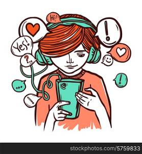 Young girl in headphones chatting with smartphone hand drawn vector illustration. Young Girl In Headphones With Smartphone