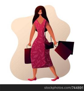 Young girl in pink dress with bags doing shopping. Female carries shopping bags, seasonal sale in shop, market, store. Cartoon woman character on white background. Vector, flat style.. People-Shopping-Concept