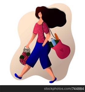 Young girl in pink shirt with bags doing shopping, walking. Female carries shopping bags with food, sale in shop, market, store. Cartoon woman character on white background. Vector, flat style.. People-Shopping-Concept