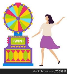 Young girl in purple skirt spinning colorful roulette wheel. Excited woman winning money in casino, game of chance. Lucky female gambler celebrating victory. Girl Wearing Purple Skirt Spinning Roulette Wheel
