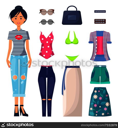 Young girl in ripped jeans with spare clothes. Girl in casual clothes with summer looks, bright swimwear and stylish accessories vector illustrations.. Brunette Girl in Ripped Jeans with Spare Clothes