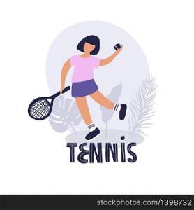Young girl in sportswear is holding a racket and a tennis ball. Concept of an active lifestyle and sports training. Flat vector illustration isolated on white background.