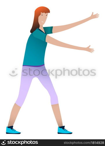 young girl in sportswear pulls her arms to hug her best friend. International Friendship Day, lively human communication. Isolated vector on white background