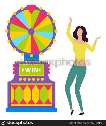 Young girl in yellow shirt and green trousers spinning colorful roulette. Lucky woman winning money in casino, game of chance, fortune wheel vector. Happy Girl Spinning Roulette Wheel and Winning