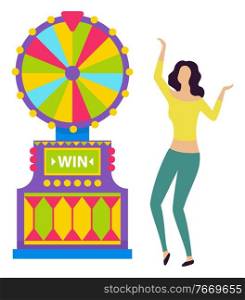 Young girl in yellow shirt and green trousers spinning colorful roulette. Lucky woman winning money in casino, game of chance, fortune wheel vector. Happy Girl Spinning Roulette Wheel and Winning