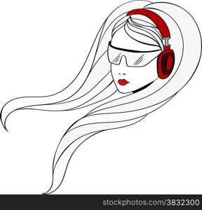 Young Girl is listening music with red headphones. Her hair is flying on the wind. Her eyes is hide by big sunglasses
