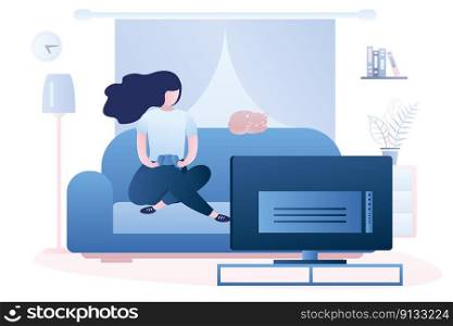 Young girl is sitting on the couch. Woman is holding a controller and playing a game on TV.Living room interior with furniture. Trendy style vector illustration