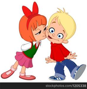 Young girl kissing a boy on his cheek