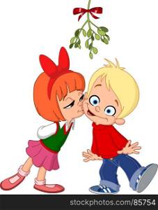 Young girl kissing boy under a mistletoe. Christmas illustration.
