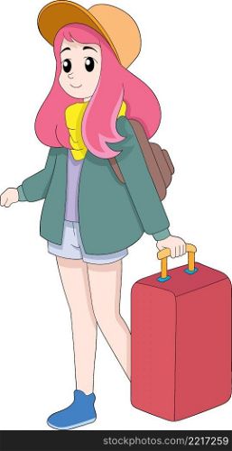 young girl on holiday alone, carrying a large suitcase, cartoon flat illustration