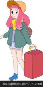 young girl on holiday alone, carrying a large suitcase, cartoon flat illustration