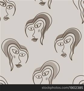 Young girl one line woman face portrait, modern contemporary minimalist art abstract character. Vector illustration. Seamless pattern.