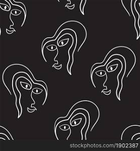 Young girl one line woman face portrait, modern contemporary minimalist art abstract character. Vector illustration. Seamless pattern.